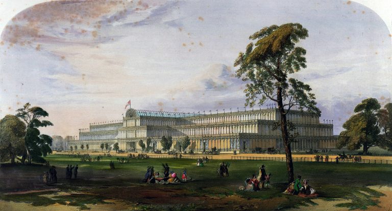 Historic 19th-century illustration of the Crystal Palace, a grand glass and iron structure, amid a lively park scene with visitors. Owen Jones participating to this exposition.