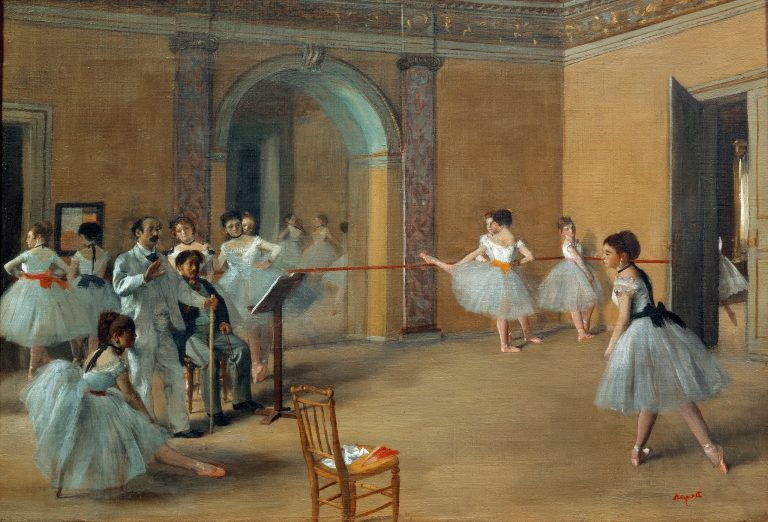 Edgar Degas Peinture impressionniste représentant des danseuses de ballet répétant dans un studio éclairé par le soleil, mettant en évidence la fascination de Degas pour le mouvement et la lumière.