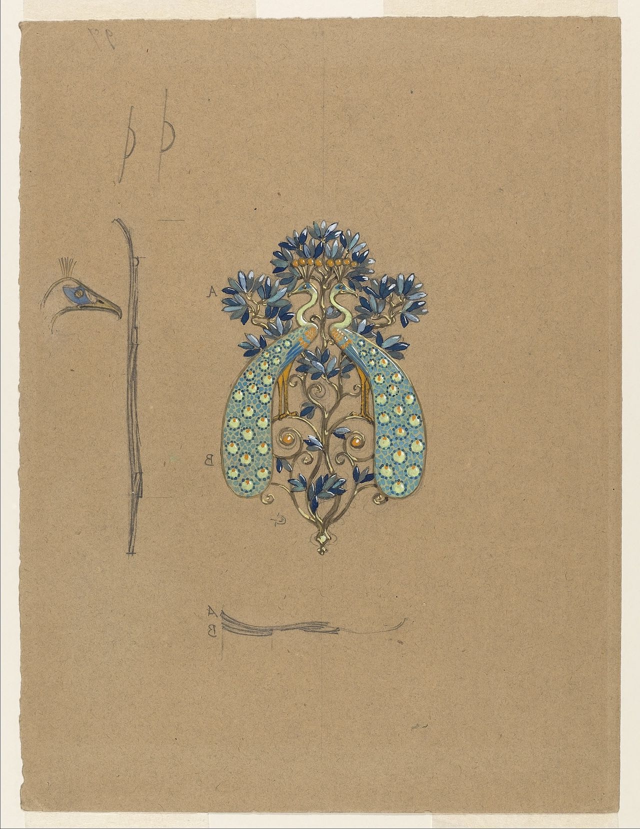 Design for a peacock motif belt buckle by Eugène Grasset, showcasing intricate blue flowers and Art Nouveau styling on a brown paper background.