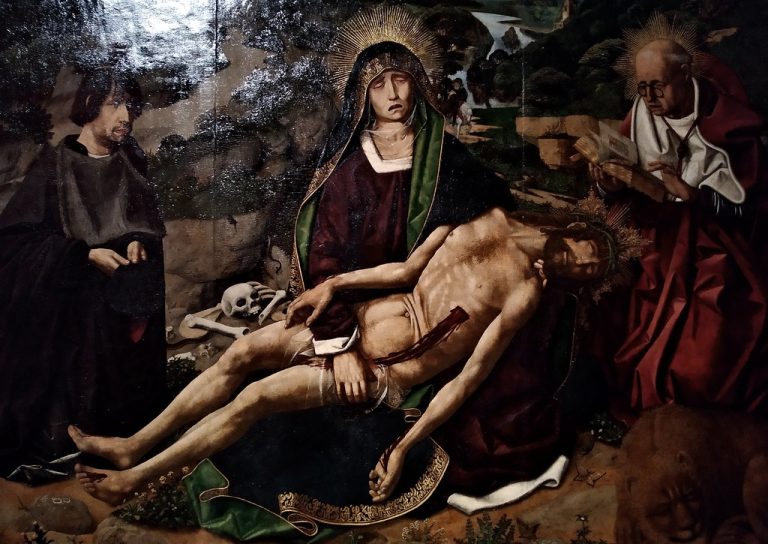 Piedad Desplà (1490) de Bartolomé Bermejo. Musée de la cathédrale de Barcelone, art gothique influencé par la peinture flamande.