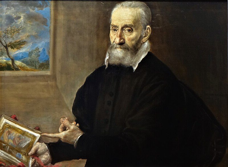Portrait of Giorgio Giulio Clovio, pointing to his Farnese Hours, by El Greco, 1571