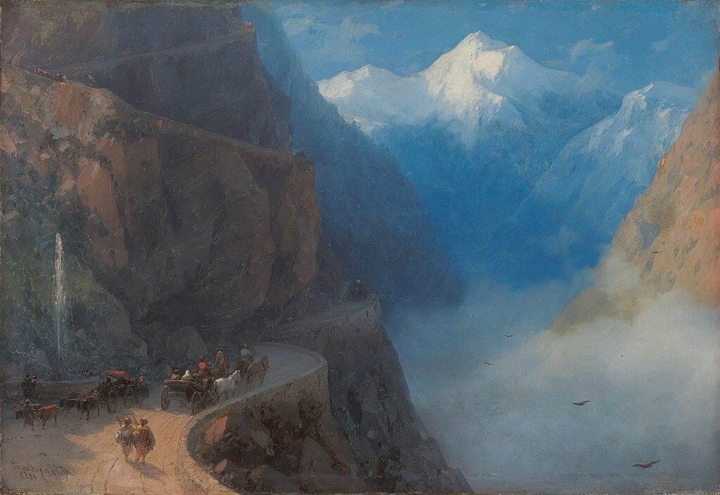 From Mleta to Gudauri (1868) by Ivan Aivazovsky reflects the artist’s fascination with the dramatic landscapes of the Caucasus
