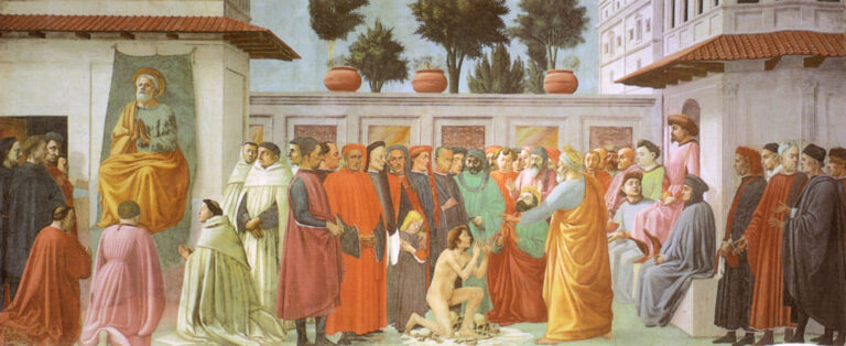 Élévation du fils de Théophile d'Antioche, contenant l'autoportrait de Masaccio (troisième à partir de la droite)