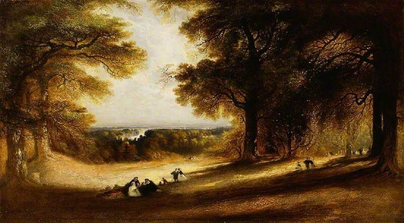 View in Richmond Park (1850) by John Martin reflects themes of nature’s tranquility, beauty, and the sublime.
