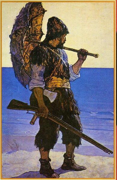 Robinson Crusoe illustration (1920) captures the adventurous spirit of Daniel Defoe’s classic novel with vivid detail and dramatic composition.