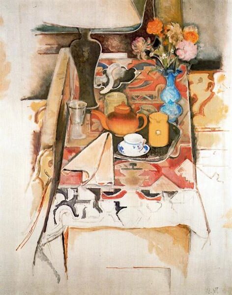 Nature Morte à la Lampe (1958) reflects themes of stillness, introspection, and the interplay of light and shadow.