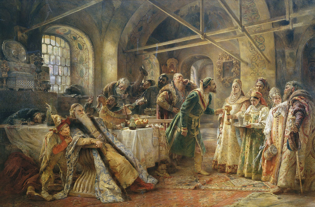 Kissing Ceremony, 1895, by Konstantin Makovsky reflects aristocratic customs, ceremonial grandeur, and the romanticized vision of old Russia.