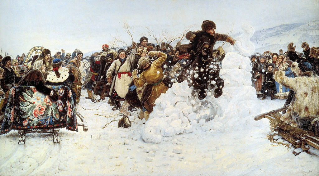 The Capture of Snow Town, 1891, by Vasily Surikov reflects a festive Russian winter tradition reenacting a battle.
