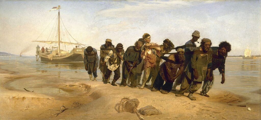 Barge Haulers on the Volga, 1870–1873, by Ilya Repin reflects the harsh and grueling labor endured by Russian peasants.
