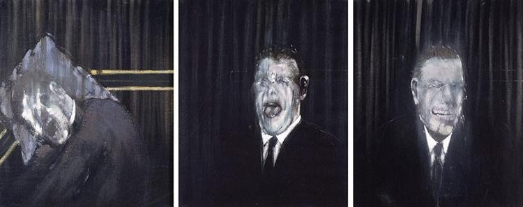 Three Studies of the Human Head, 1953, by Francis Bacon reflects the raw psychological tension and existential isolation of the human condition through distorted, fragmented portraits.