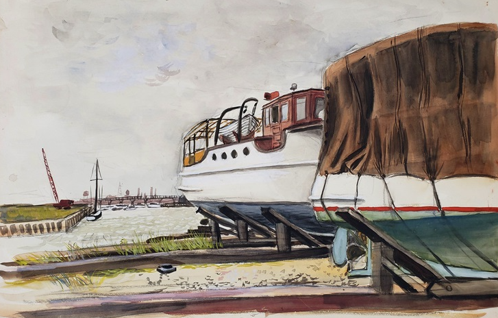 Marina Scene, ca. 1960, by Fairfield Porter reflects the peaceful rhythm of coastal life through clear forms, gentle color, and observational calm.