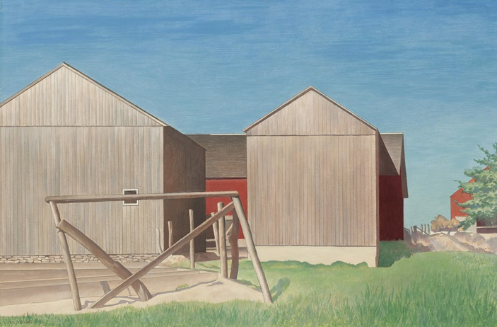 Farm Buildings, Connecticut, 1941, by Charles Sheeler reflects a celebration of rural American life through precise composition and clean lines.