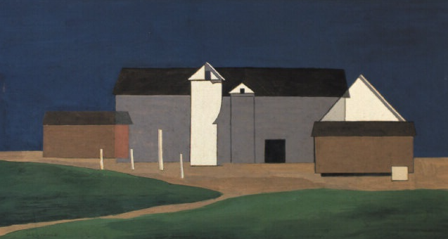 Blue Barns, 1946, by Charles Sheeler reflects a serene fusion of color and structure.