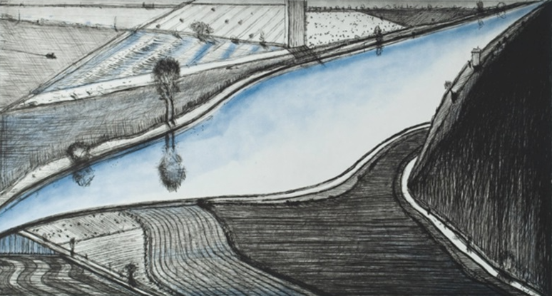 Dark Hill River, 2002, by Wayne Thiebaud reflects a dramatic and stylized vision of the landscape.