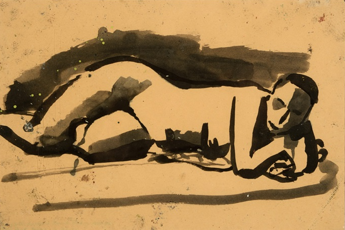 Reclining Female Nude (No. 353), ca. 1955, by David Park reflects an honest and unidealized portrayal of the female body.