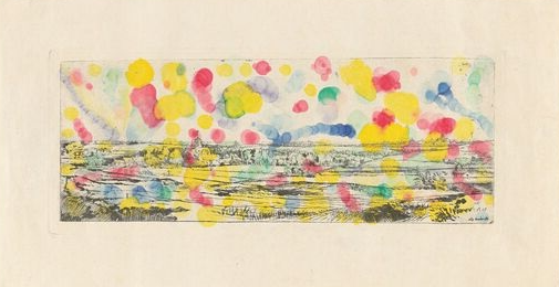 Overpainted facsimile print by Rembrandt with a view of the Bloemendaal church, ca. 1990–1999 reflects a playful yet critical dialogue with art history.