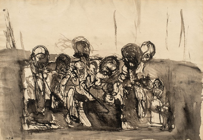P. D. Zeichnung, 1962, by Georg Baselitz showcases his developing interest in depicting the human figure in distorted or fragmented forms.