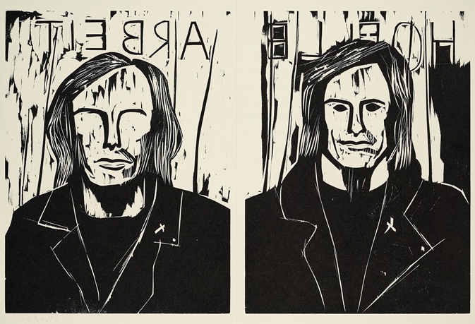 Hölle, 1989, by Albert Oehlen reflects a raw, abstract exploration of chaos and emotion through bold linocut techniques.