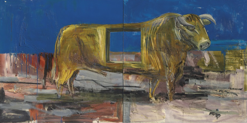 Stier mit loch (Bull with Hole), 1986, by Albert Oehlen reflects a subversive take on traditional painting.