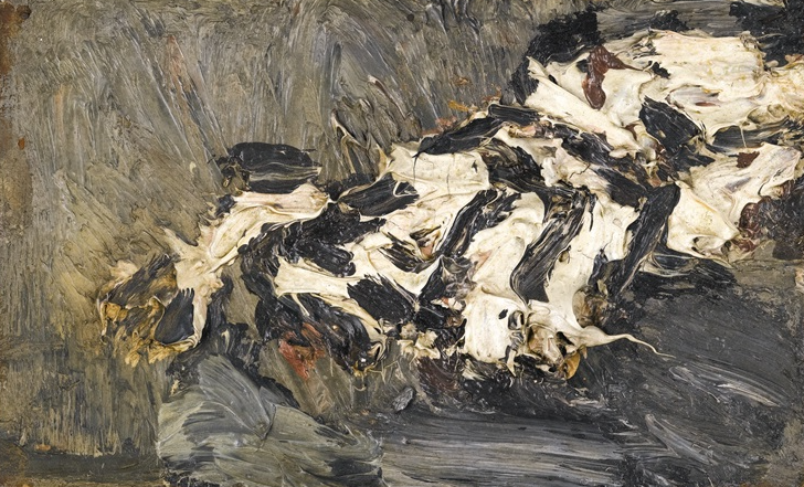 Sketch for Reclining Figure in the Studio, 1966, by Frank Auerbach reflects the raw immediacy of form and space through vigorous oil on board.