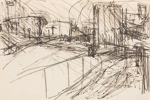Drawing for Mornington Crescent, circa 1970 reflects the emotional intensity of urban life through expressive strokes in felt-tip pen and pencil.