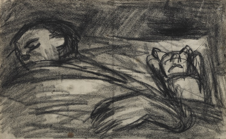 David and Teddy, circa 1957, by Leon Kossoff reflects the intimate bond between father and son through expressive charcoal lines.