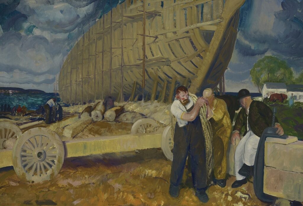 Builders of Ships, 1916, by George Bellows reflects the industrious spirit and patriotic fervor of wartime America.