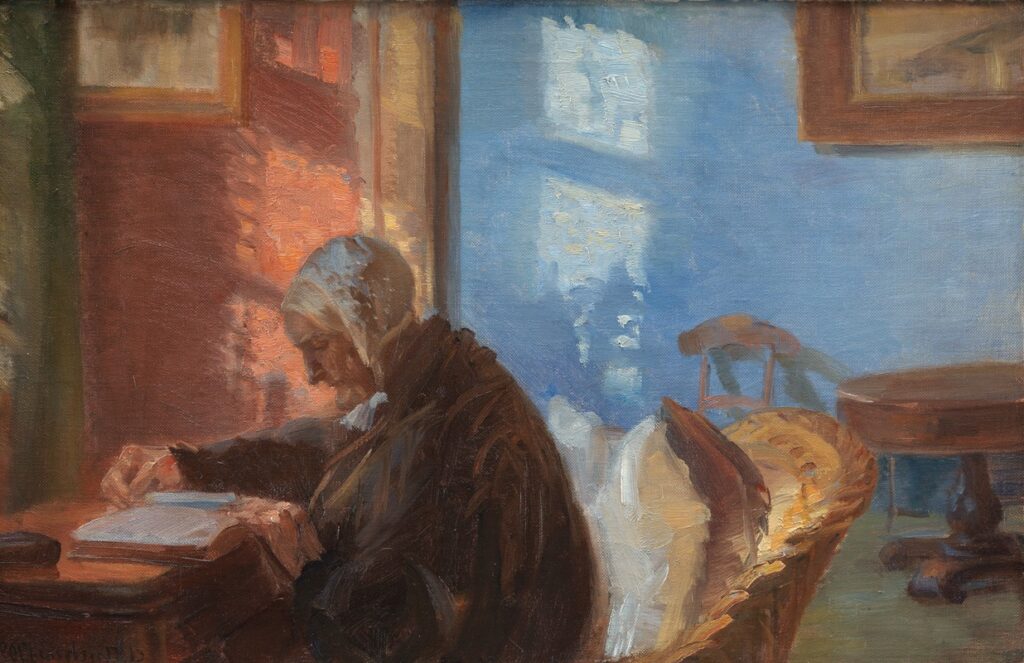 The Artist’s Mother Ane Hedvig Brøndum in the Red Room, 1909 reflects a quiet reverence for familial bonds and domestic intimacy.