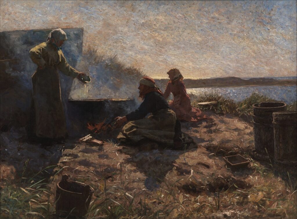 Boiling Train Oil at Nymindegab, Jutland, 1878–1879, by Laurits Tuxen reflects the harsh and industrious life of coastal workers.