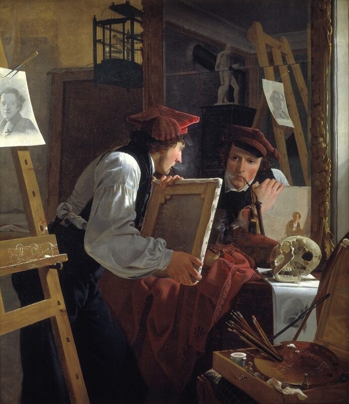 A Young Artist (Ditlev Blunck) Examining a Sketch in a Mirror, 1826 reflects the introspective nature of the creative process.