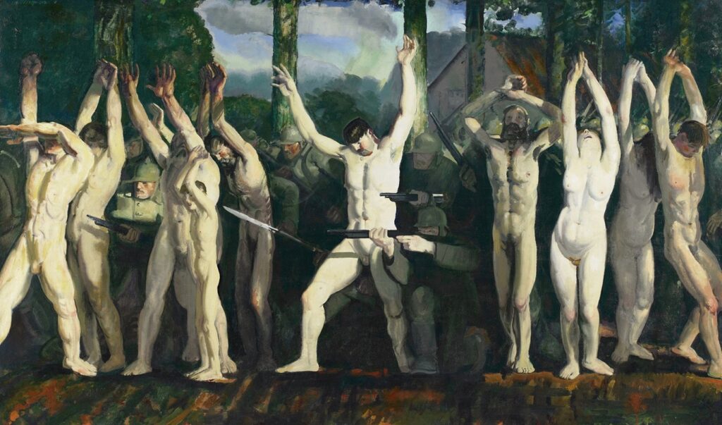 The Barricade, 1918, by George Bellows reflects the brutal chaos and human suffering of war.