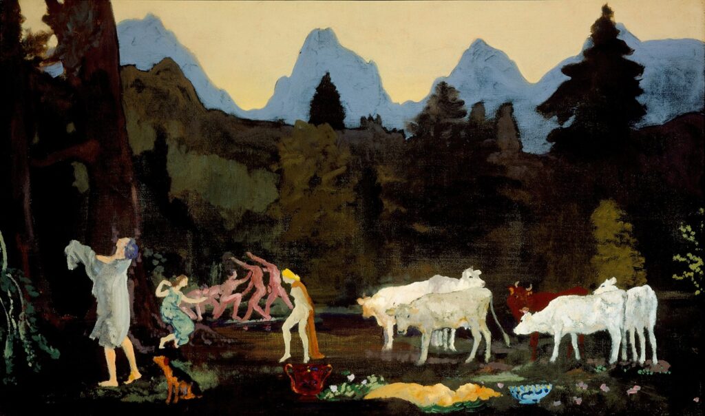 Pastoral Dells and Peaks, circa 1908–1911 reflects an idealized vision of harmony between humanity and nature.