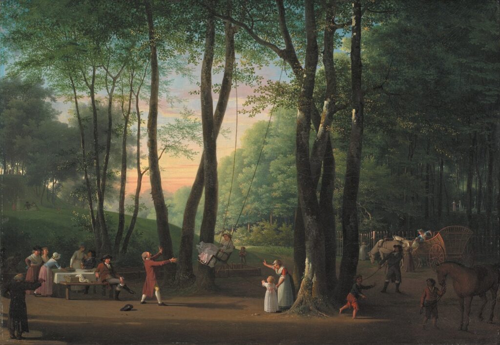 The Dancing Glade at Sorgenfri, North of Copenhagen, 1800, by Jens Juel reflects an idyllic and romanticized view of Danish leisure life.