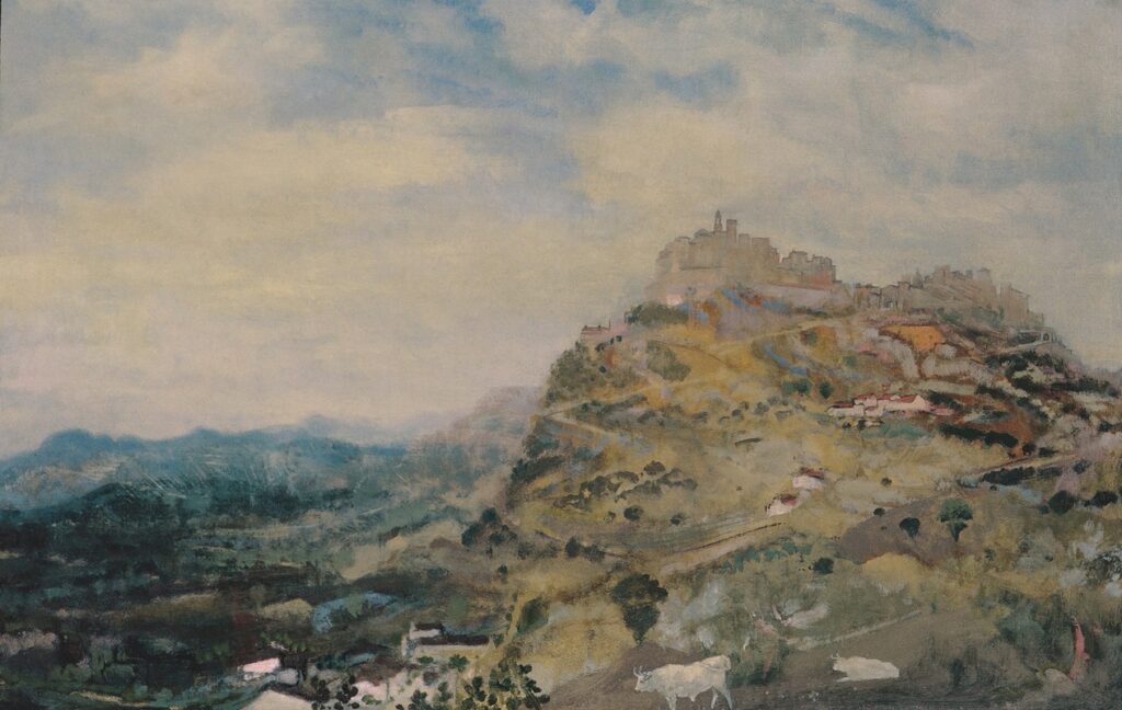 Italian Hill Town, circa 1925, by Davies reflects a romanticized vision of European landscapes.
