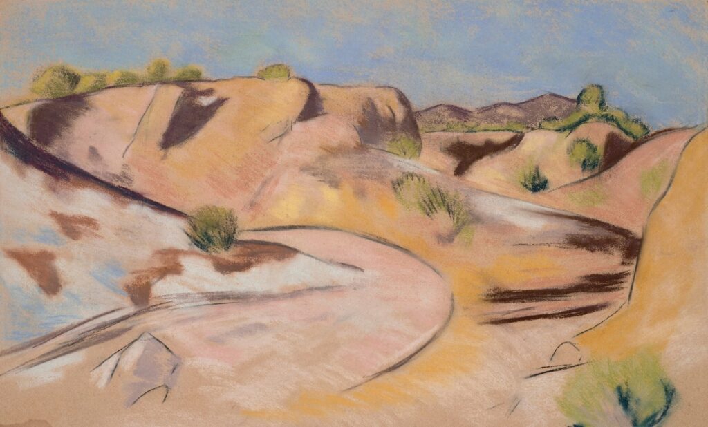 New Mexico, 1918, by Marsden Hartley reflects the mystical allure and stark grandeur of the American Southwest’s desert landscape.