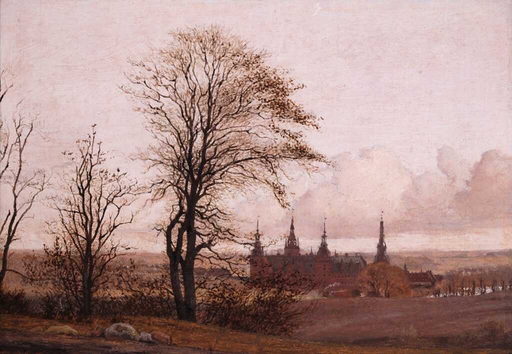 Autumn Landscape. Frederiksborg Castle in the Middle Distance, 1837–1838 reflects a tranquil reverence for Danish heritage.