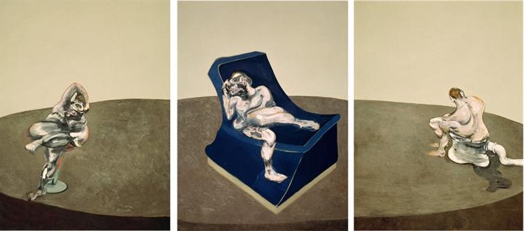 Three Figures in a Room, 1964, by Francis Bacon reflects the fragmented psyche and corporeal vulnerability.