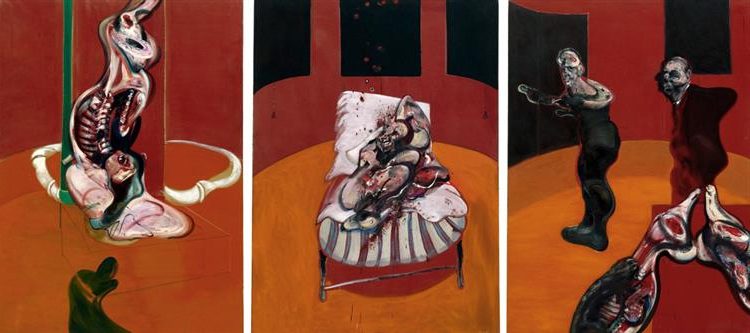 Three Studies for a Crucifixion, 1962, by Francis Bacon reflects the brutality of human suffering through a triptych of distorted, meat-like figures