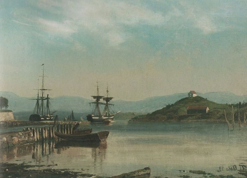 Parti fra Oslo Strandgate (View from Oslo Beach Street), 1852 reflects the everyday life of mid-19th century Oslo.