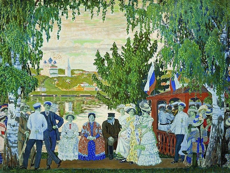 Promenade Along Volga River II, 1909, by Boris Kustodiev reflects the charm of bourgeois leisure and harmony with nature.