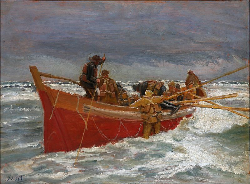 The Red Lifeboat on Its Way Out to the Sea, 1920, by Michael Ancher reflects courage and solidarity as fishermen brave the vast and perilous sea.