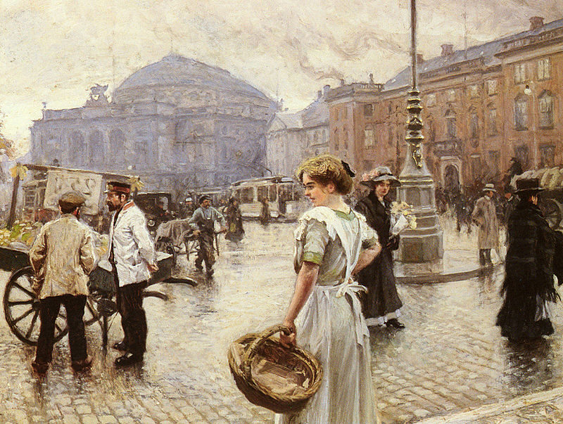 A View of Kongens Nytorv, 1911, by Paul Fischer reflects the dynamic urban life of Copenhagen's bustling center.
