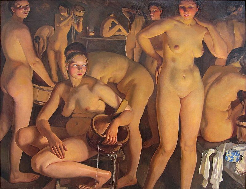 Bath-house, 1913, by Zinaida Serebriakova captures the atmosphere of a traditional Russian bathhouse.