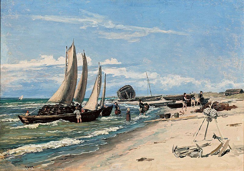 Stranden ved Skagen Vesterby, 1847, by Martinus Rørbye reflects a serene and atmospheric view of Denmark’s northern coast.