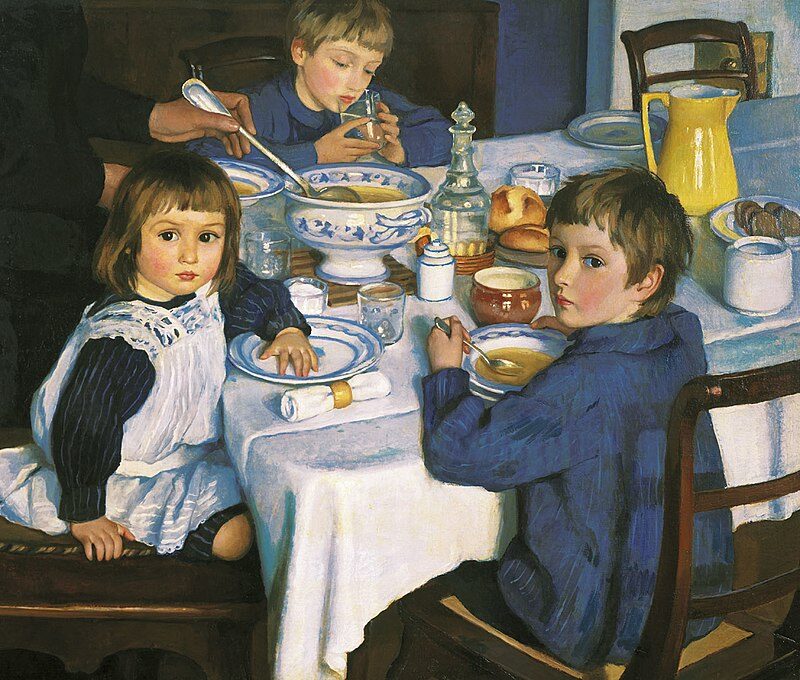 At Breakfast, 1914, by Zinaida Serebriakova reflects the calm of daily life, with attention to the simplicity and elegance of the setting.