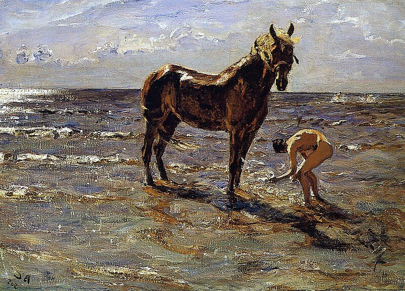 Bathing of a Horse, 1905, by Valentin Serov reflects a harmonious connection between humans, animals, and nature.