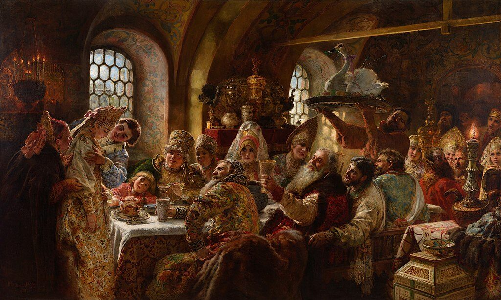 A Boyar Wedding Feast, 1883, by Konstantin Makovsky reflects the opulence, customs, and hierarchical structure of the boyar class.