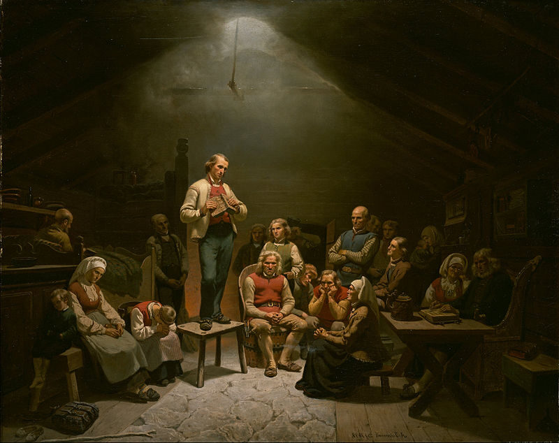 Haugianerne (Low Church Devotion or The Haugeans), 1852 reflects the religious revival movement led by Hans Nielsen Hauge in Norway.