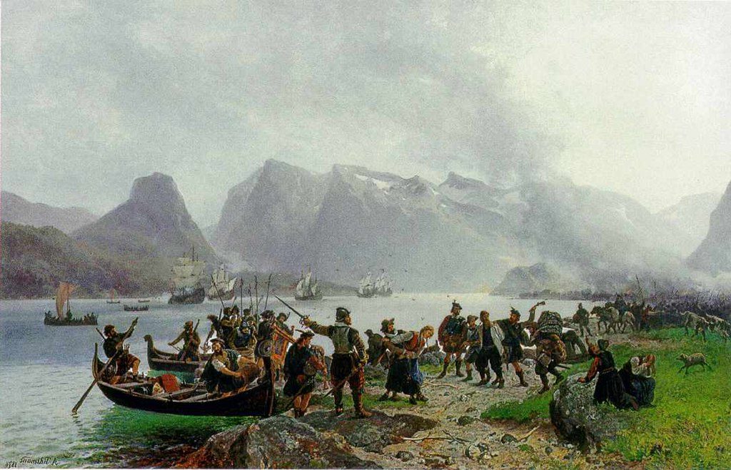 Sinclairs Landing i Romsdal (1876) by Adolph Tidemand reflects a dramatic historical moment from the Battle of Kringen in 1612.