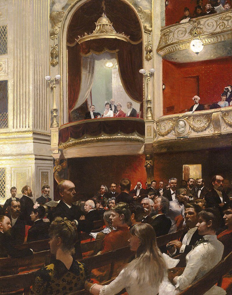 An Evening at the Royal Theatre, 1887–88, by Paul Fische reflects the elegance and cultural vibrancy of Copenhagen's social life during the late 19th century.